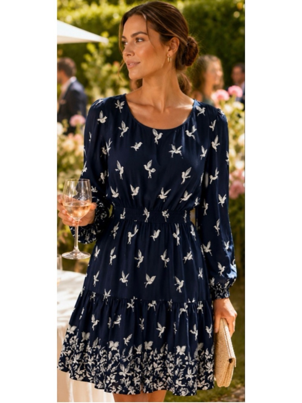 Women's L.A. Soul Long Sleeve Dress in Navy with White Bird Print S